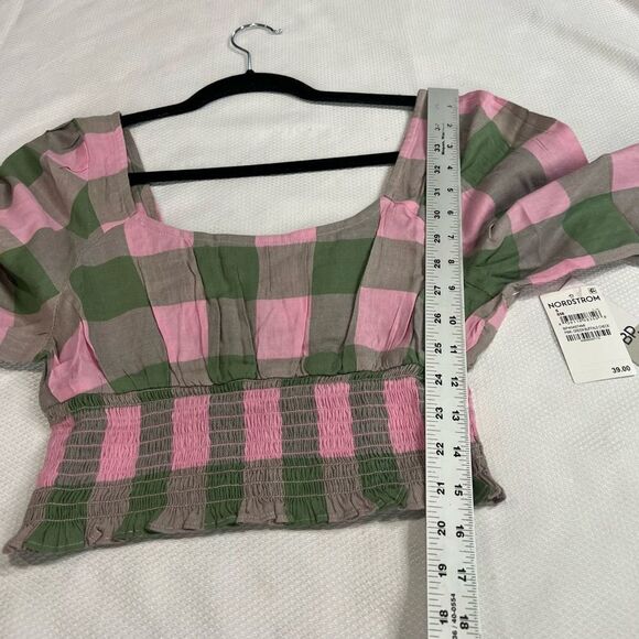 BP Pink & Green Buffalo Check Long Sleeve Crop Top - Picture 2 of 7